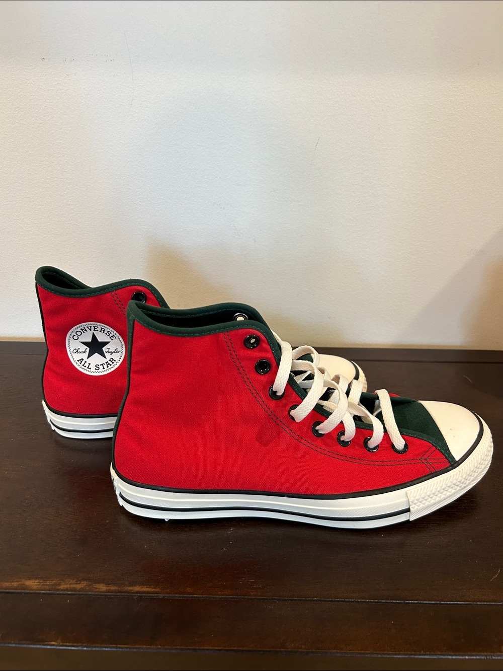 Converse High Top Sneakers in Red with Dark Green Trim